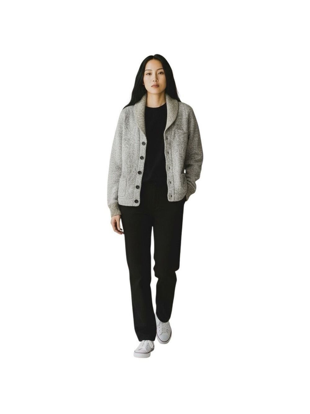 GAP Contrasting Color (Gray & Green) Button Up Cardigan w/ Green Shawl Neckline - Picture 4 of 8